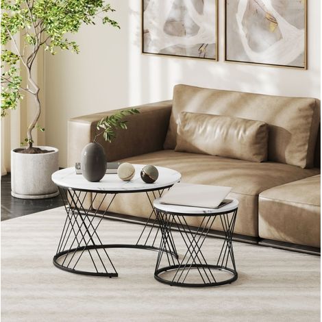 Tables basses gigognes rondes finition marbre blanc métal gain de place pour salon - CHICFURN (1/5)
