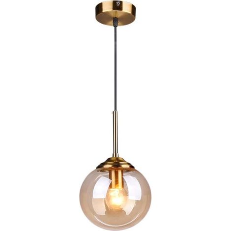 Lustre globe en verre vintage, ferrures en laiton, lumière chaude E27, convient pour salle à manger et chambre (lumière simple, ambre) (1/5)