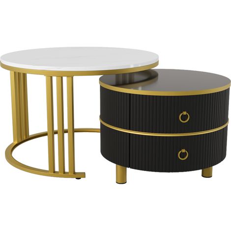 Table basse ronde 2-en-1 en MDF avec plateau brillant et plateau effet marbre blanc, 70x70x46 + 50x50x40 cm (1/5)
