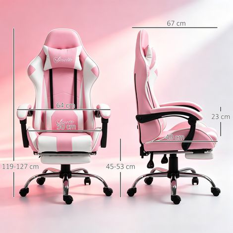 Chaise Gaming Ergonomique Inclinable avec Repose-Tête, Coussin Lombaire, Hauteur Réglable, Rose et Blanc (1/5)