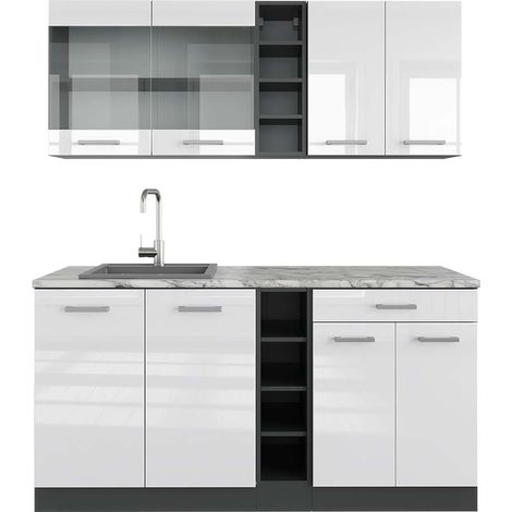 Cucina completa R-Line, Bianco lucido/antracite, 160 cm , PL Marmo, Vicco