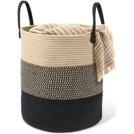 Panier à linge tressé en coton - 45 l - Avec anse - Panier à linge tressé - Panier de rangement pour chambre d'enfant, salle de bain - 35 x 40 cm - Beige et noir (1/5)