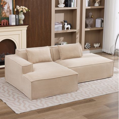 Sofá tapizado 235x129x70 cm caqui en poliéster con cojines, asiento elástico y diseño compacto (1/5)