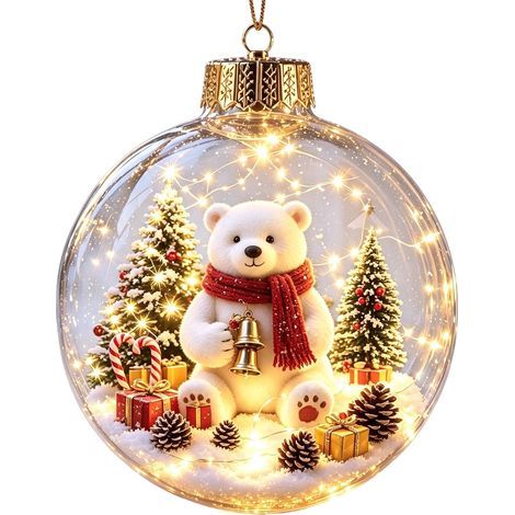 Boule à neige lumineuse 3D en acrylique transparent, décoration à suspendre au sapin de Noël avec le Père Noël et son traîneau de rennes (1/5)