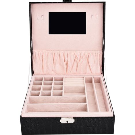 boîte de rangement-Boîte Bijoux Rangement Organisation Écrin Boîte à bijoux en PU noir à deux niveaux rectangulaire avec fermeture magnétique (1/4)