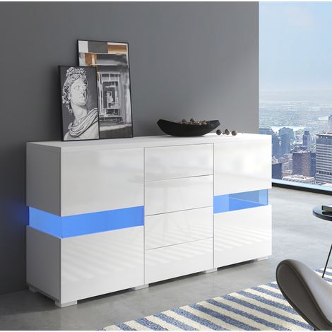 Buffet en MDF blanc 140 x 35 x 72 cm, 2 portes acryliques, 4 tiroirs, LED contrôlées par application (1/5)
