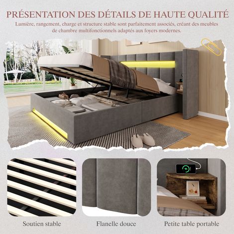 Cama canapé 160x200 cm de terciopelo gris oscuro con LED y USB, sin colchón – MEUBLIV (1/5)