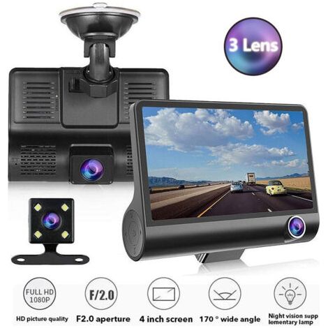 Dashcam pour voiture 3 cameras , Full HD, 1080P, double objectif, ecran LCD de 4.0 pouces, avec vue arriere a 170 degres (1/4)