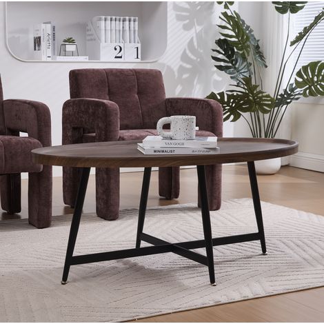 Mesa de centro de MDF marrón 110 cm, ovalada, con estructura metálica negra (1/5)