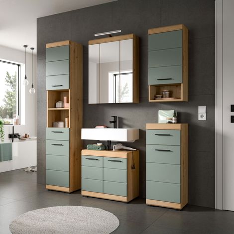 Ensemble 5 meubles de salle de bain + lampe chêne brun et kaki - OLBO