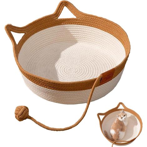 Panier pour chat en osier tressé main, lit pour chat avec oreilles adorables, couffin douillet pour animal, panier de couchage chien et chat, taille unique, naturel. (1/4)