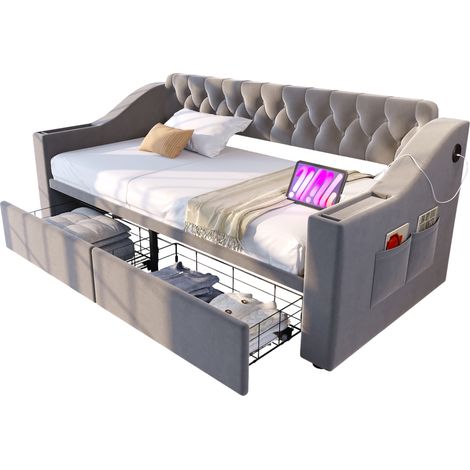 Divano letto imbottito 90x190 cm in velluto grigio chiaro con 2 cassetti contenitore, vani nei braccioli, porte USB e struttura in metallo per piccoli spazi CHICFURN (1/5)
