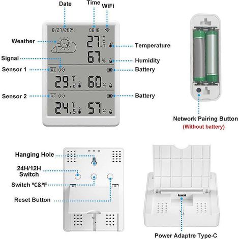 Station météo Tuya WiFi+RF433 avec capteur de température et d'humidité et affichage (1/5)