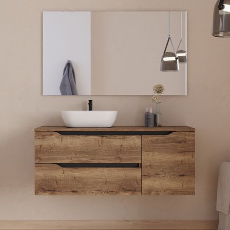 Meuble de salle de bain 120cm avec plateau, vasque à poser déportée à gauche Zeus et miroir - 2 tiroirs et un placard - tabaco (bois foncé) - ZARZA