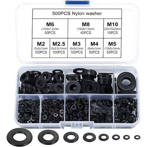 Ensemble de 1000 pièces de rondelles en plastique M2, M2.5, M3, M4, M5, M6, M8 et M10, rondelles plates en nylon, vis et boulons, coloris noir et blanc. (1/5)