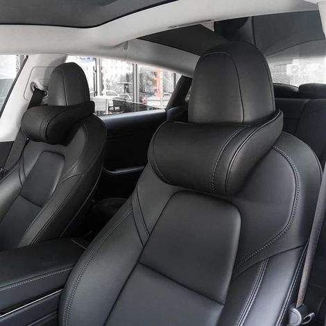 2er-Set Kopfstützenkissen – Nackenstütze – Schwarzes Leder – Ergonomisch – Fahrkomfort – Für Tesla Model 3 YSX – Schwarz – 25 x 15 cm (1/5)