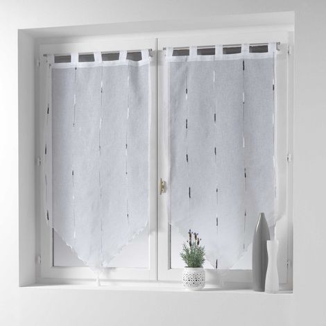 Douceur d'Intérieur - Coppia di tende, con pompon e passanti, 45 x 160 cm, velate, sabbiate, con fili di ciniglia, colore: Grigio