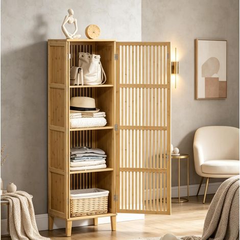 OKWISH Hochschrank aus Bambus mit Lamellentür 40 x 30 x 140 cm (1/5)