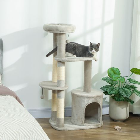 Arbre à chat tour 114 cm, gris clair, chats moyens 6 kg, multi-étages, plateforme, troncs sisal, grotte