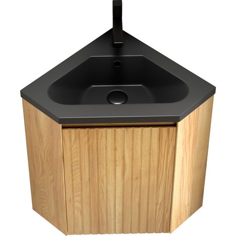 Eckwaschtisch 54,5 cm mit mattschwarzem Harzwaschbecken und Naturholz-Unterschrank (1/5)