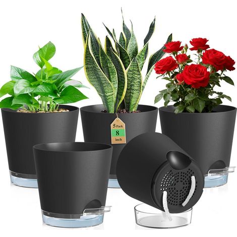 Lot de 5 pots de fleurs auto-arrosants Ø 20 cm noirs avec réservoir transparent (1/5)