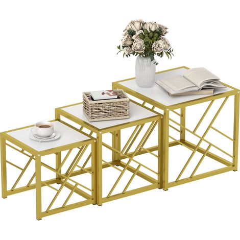 Nesting Coffee Tables, Set of 3 Square Side Tables with Black Metal Frame, for Living Room, Bedroom Office, White (1/5)