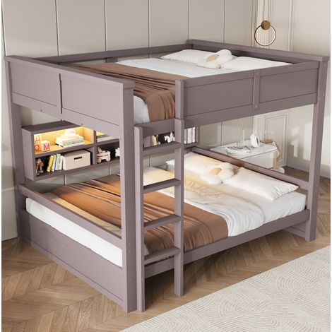 Letto a castello 160x200 cm con 6 vani portaoggetti e LED, in legno, marrone (1/5)