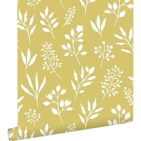 papier peint fleurs au style scandinave jaune ocre - ESTAhome