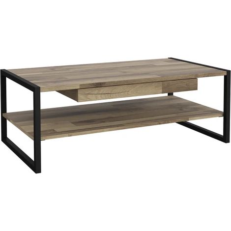 Table basse 110 cm 1 tiroir décor bois recyclé et métal noir - APACHE (1/5)