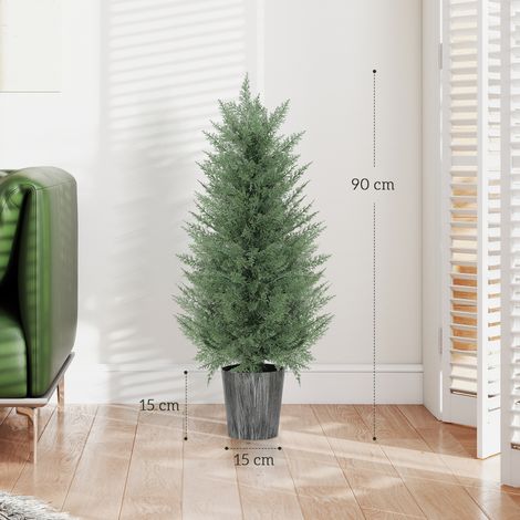 Lot de 2 grands cyprès artificiels, 90 cm, plantes artificielles en plastique dans des pots de 15 x 15 x 90 cm, verts