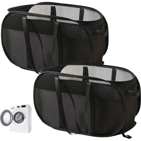 Panier à Linge Pliable Pop Up Corbeille à Linge en Maille avec poignée Paniers à Linge en Maille Pliable et Portable pour Chambre à Coucher, Buanderie, Salle de Bain (Noir) (1/5)
