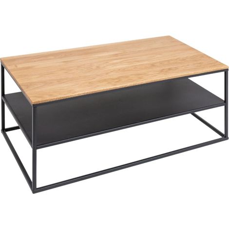 Mesa de centro CALDERO rectangular en roble macizo y metal negro - Con estante de almacenamiento (1/5)