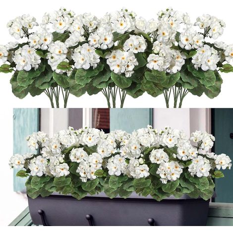 Lot de 7 bouquets de géraniums artificiels blancs durables et résistants aux UV, fleurs décoratives pour jardin, rebord de fenêtre, balcon, terrasse, mariage et extérieur