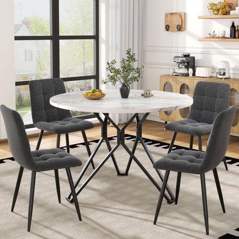 Ensemble repas 5 pièces rond 100 cm MDF effet marbre, pieds métal noirs, gris (1/5)