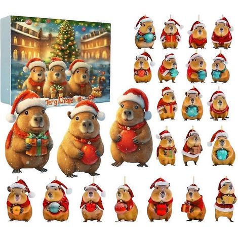 Calendario de llegada de Navidad con temática de capibara, calendario de cuenta regresiva de Navidad, 24 piezas, árbol de Navidad, colgante plano de capibara 2D-03 (1/5)