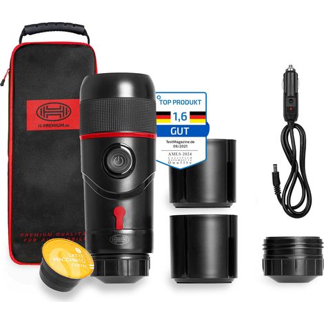 HEYNER® Espressomaschine mobile Reisekaffeemaschine, Minipresso für Auto mit extra Becher 12V "Black Edition"