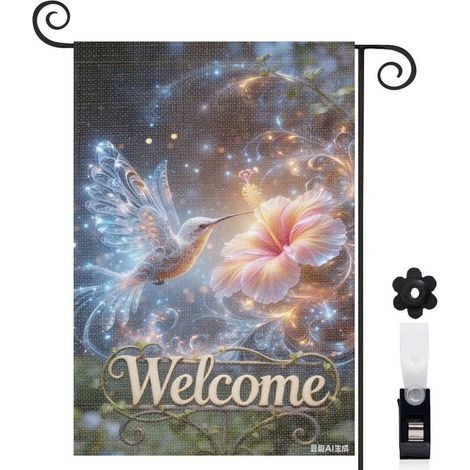 Drapeau de jardin bienvenue motif artistique fleurs et oiseau 30 x 45 cm toile double face durable décoration extérieure élégante (1/5)