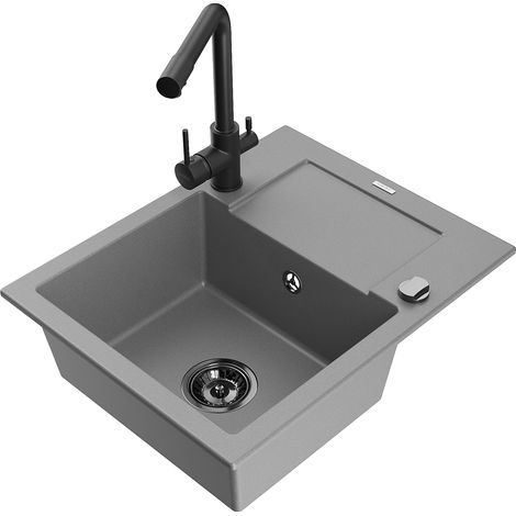 Mexen Enzo évier en granit 1 bac avec égouttoir et robinet de cuisine Duero, gris - 6506-71-671600-70-B (1/5)