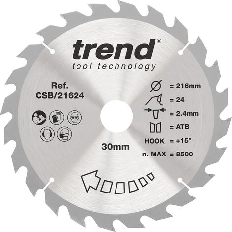Lame de scie circulaire bois 216 mm, 30 mm alésage, 24 dents TCT (1/5)