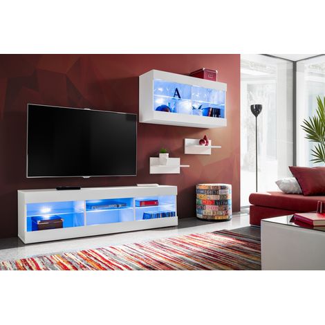 Komodee, Ensemble de Meubles Tivoli SET3,Blanc/Blanc, Largeur 240cm x Hauteur 159 cm x Profondeur 35 cm, LED Bleu, pour Salon, Chambre à coucher (1/5)
