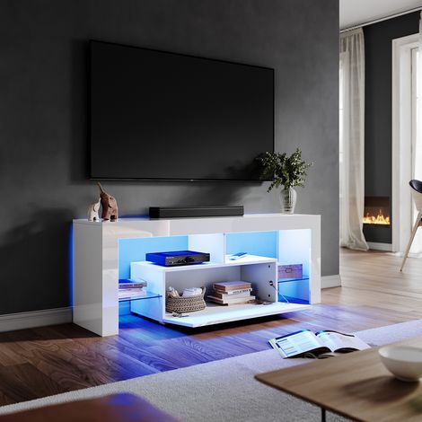 ELEGANT High Gloss LED TV Stand Multi-Light Effect TV Cabinet with Large Storage Space Living Room Bedroom Furniture, White 1400mm (1/5)