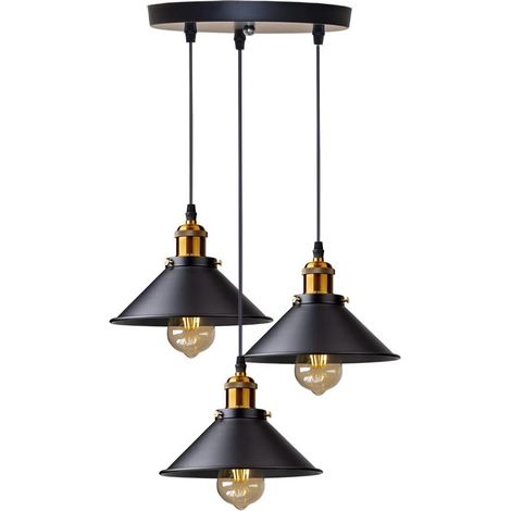 3 Lumières Suspension Rétro Industriel Plafonniers Design Edison Métal Lustre Suspension avec Support de Plaque Circulaire, Ø 22cm, Noir