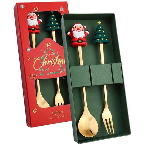 Cuillère À Dessert - Fourchette À Dessert - En Acier Inoxydable - Pour Fête De Noël - Lot De 2 Pièces