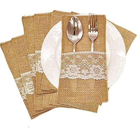 Couverts Jute Titulaire 11cm x 21cm - 50pcs Sac Couteau Fourchette Décoration Dentelle Mariage Vintage Fête Anniversaire