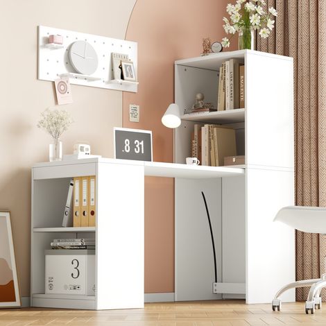 Escritorio plegable multifuncional 2 en 1 - 130 x 51 x 137 cm - Escritorio plegable con estantería de 4 compartimentos y ruedas - Blanco (1/5)