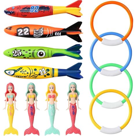 12-Piece Diving Toy Set, Diving Rings for Children from 4 to 12 Years, Colourful Diving Torpedoes and Diving Mermaid Set, Summer Pool Party Gift for (1/5)