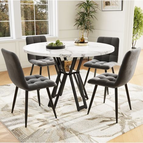 Conjunto de mesa redonda 100 cm con 4 sillas de terciopelo gris, blanco y negro DESVIAE (1/5)