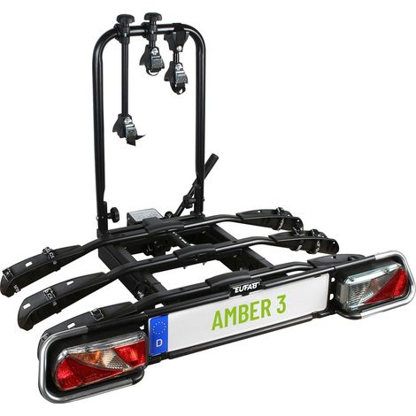 Eufab – Porte-vélos plateforme basculante 3 vélos – Fixation rapide sur attelage – Antivol intégré – Rails en acier avec bloque-roues réglables (1/5)