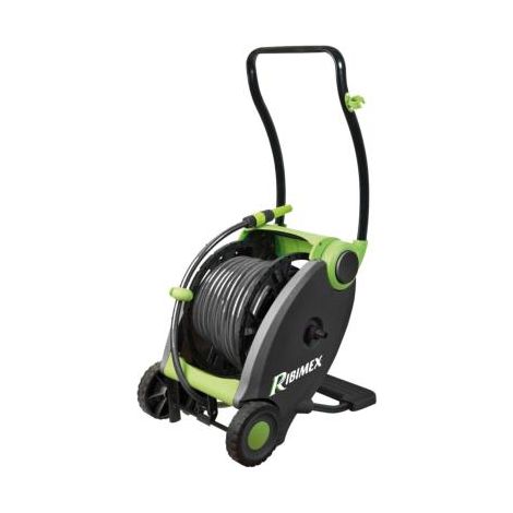 Ribimex – Enrouleur tuyau arrosage à pied 50 mètres – Enroulement automatique sur roues – Structure acier laqué – Tuyau PVC 12,5 mm