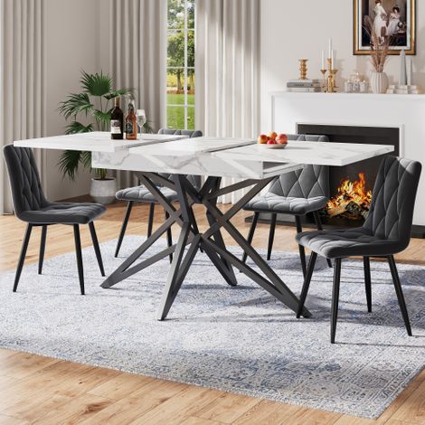 Ensemble table et chaises de salle à manger (table 120/160 × 68 cm avec 4 chaises), table extensible, ensemble table et chaises de cuisine moderne, chaises de cuisine gris foncé en velours à motifs di
